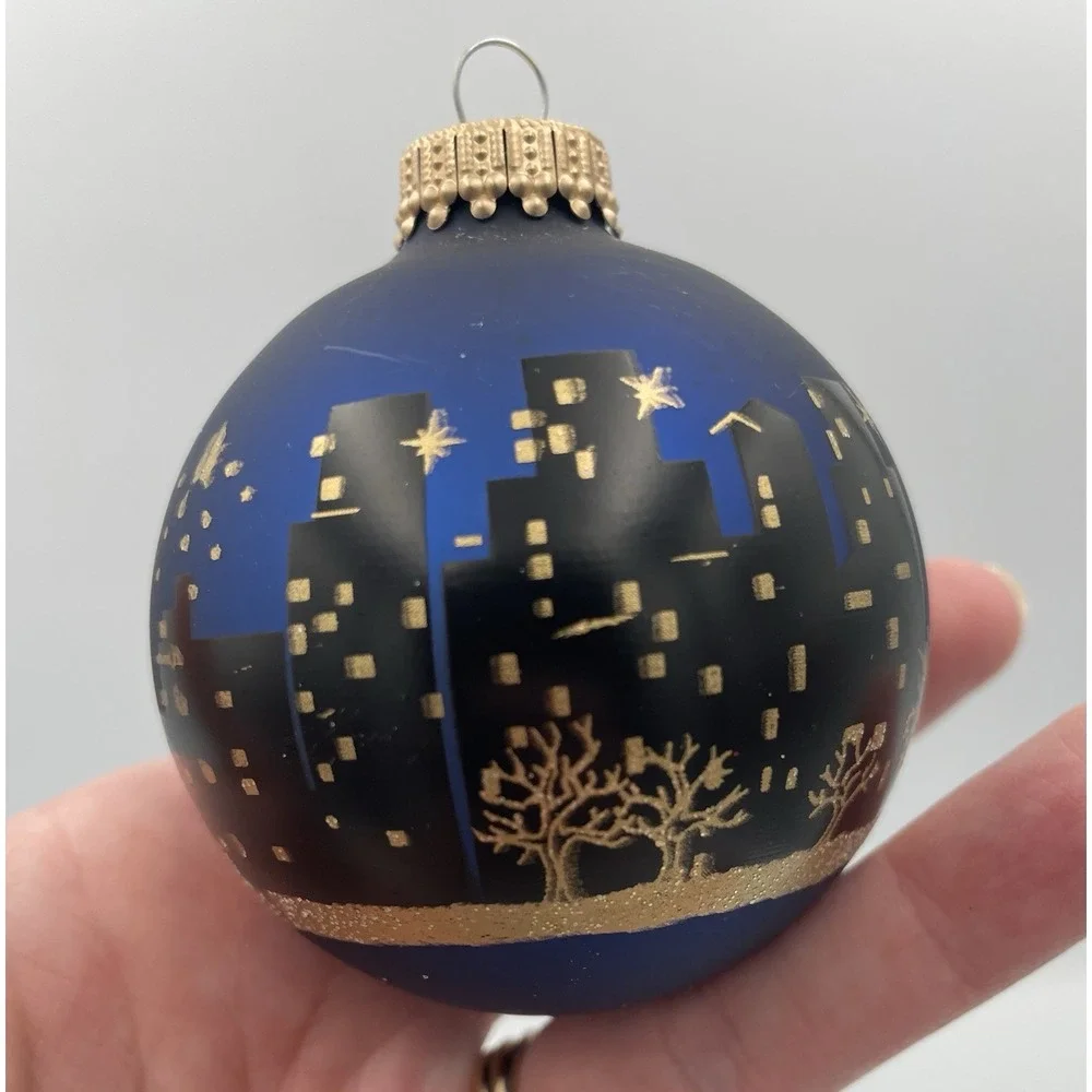 Vtg. Christmas Ornaments Krebs Set / 9 Sapphire Blue Santa's Sleigh City Skyline